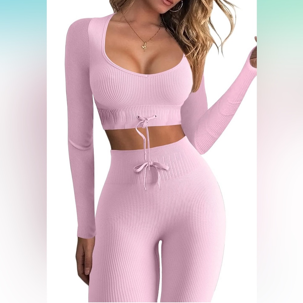 2pc pink Seamless Workout set LS Crop Top Ribbed High Waist Leggings- Small nwot